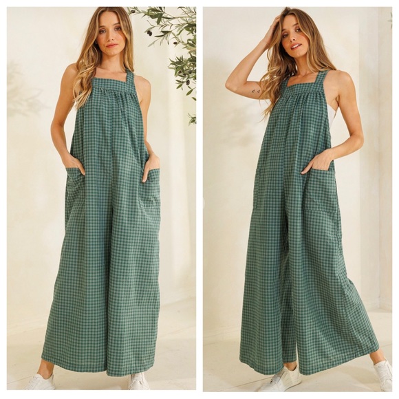 Boho Plaid Tie Back Wide Leg Jumpsuit - Picture 2 of 5